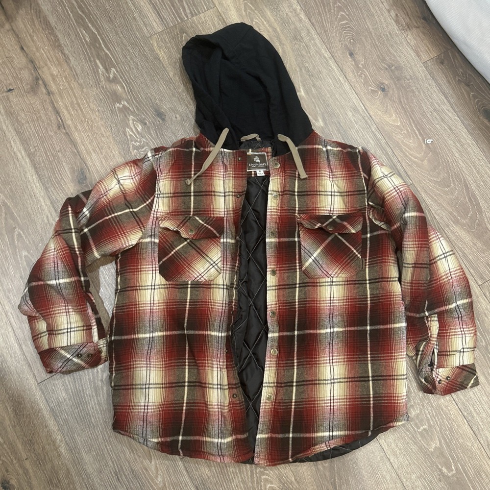 Legendary Outfitters Hooded Jacket • XL Red Plaid Snap Quilt-Lined Flannel